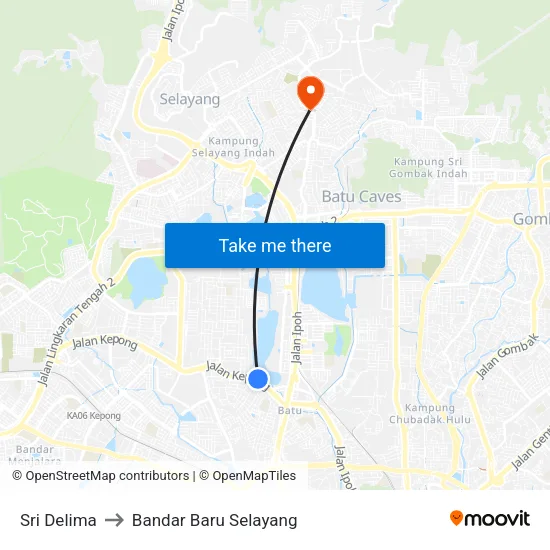 Sri Delima to Bandar Baru Selayang map