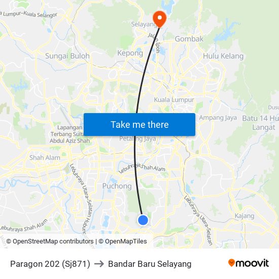 Paragon 202 (Sj871) to Bandar Baru Selayang map