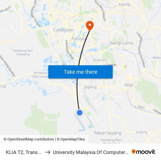 KLIA T2, Transportation Hub Level 1 to University Malaysia Of Computer Science & Engineering (UniMY),Cyberjaya map