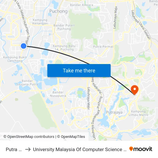 Putra Heights to University Malaysia Of Computer Science & Engineering (UniMY),Cyberjaya map