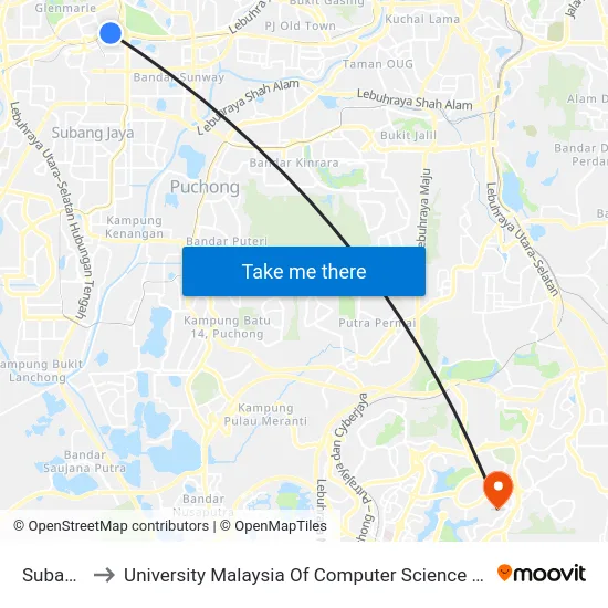 Subang Jaya to University Malaysia Of Computer Science & Engineering (UniMY),Cyberjaya map