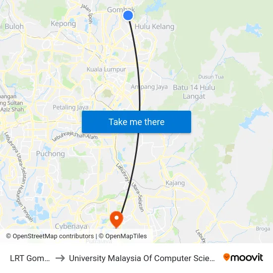 LRT Gombak (Sl311) to University Malaysia Of Computer Science & Engineering (UniMY),Cyberjaya map
