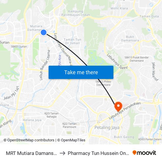 MRT Mutiara Damansara, Pintu B (Pj809) to Pharmacy Tun Hussein Onn National Eye Hospital map