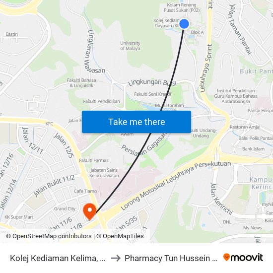 Kolej Kediaman Kelima, Universiti Malaya (Kl2343) to Pharmacy Tun Hussein Onn National Eye Hospital map