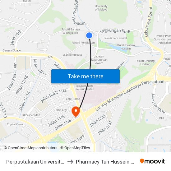 Perpustakaan Universiti Malaya (Opp) (Kl1109) to Pharmacy Tun Hussein Onn National Eye Hospital map