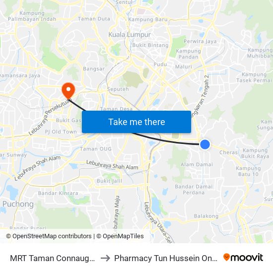 MRT Taman Connaught, Pintu A (Kl1792) to Pharmacy Tun Hussein Onn National Eye Hospital map