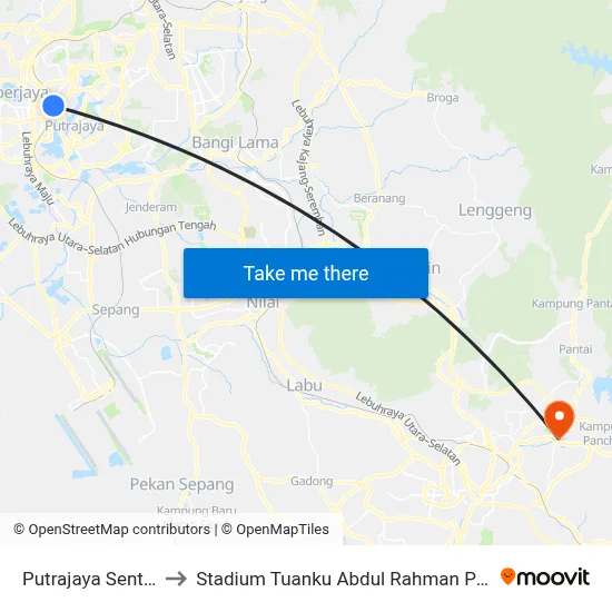 Putrajaya Sentral to Stadium Tuanku Abdul Rahman Paroi map