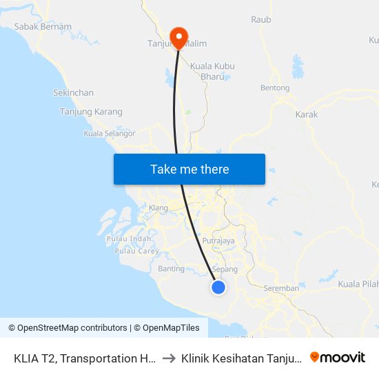 KLIA T2, Transportation Hub Level 1 to Klinik Kesihatan Tanjung Malim map