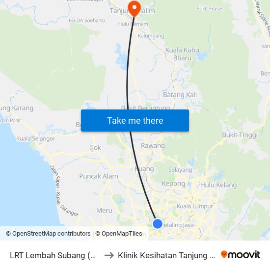 LRT Lembah Subang (Pj671) to Klinik Kesihatan Tanjung Malim map