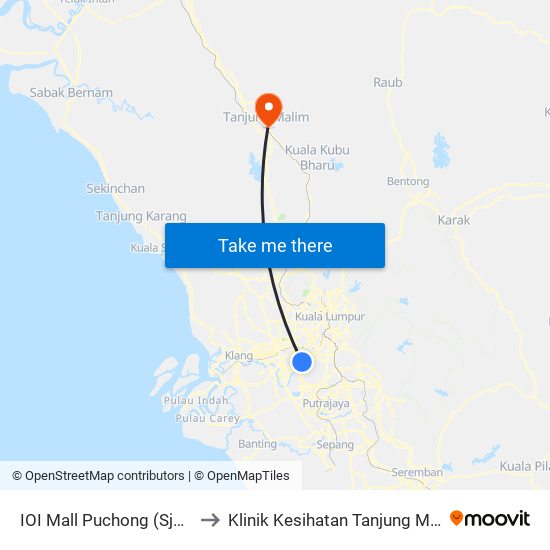 IOI Mall Puchong (Sj610) to Klinik Kesihatan Tanjung Malim map