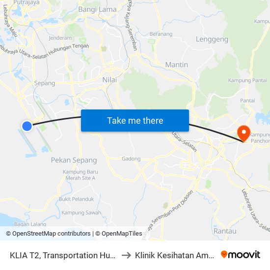 KLIA T2, Transportation Hub Level 1 to Klinik Kesihatan Ampangan map