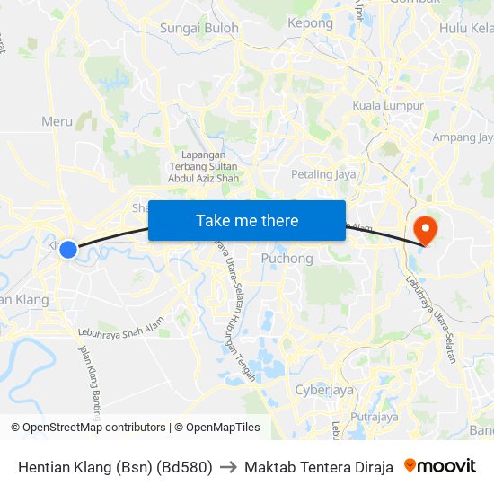 Hentian Klang (Bsn) (Bd580) to Maktab Tentera Diraja map