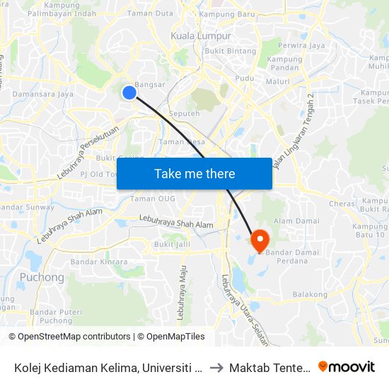 Kolej Kediaman Kelima, Universiti Malaya (Kl2343) to Maktab Tentera Diraja map