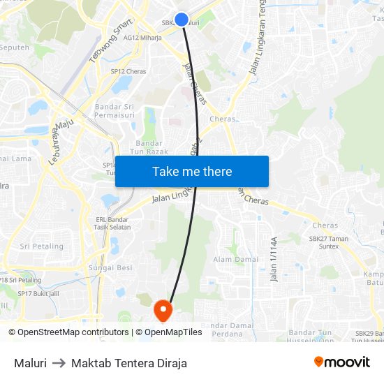 Maluri to Maktab Tentera Diraja map