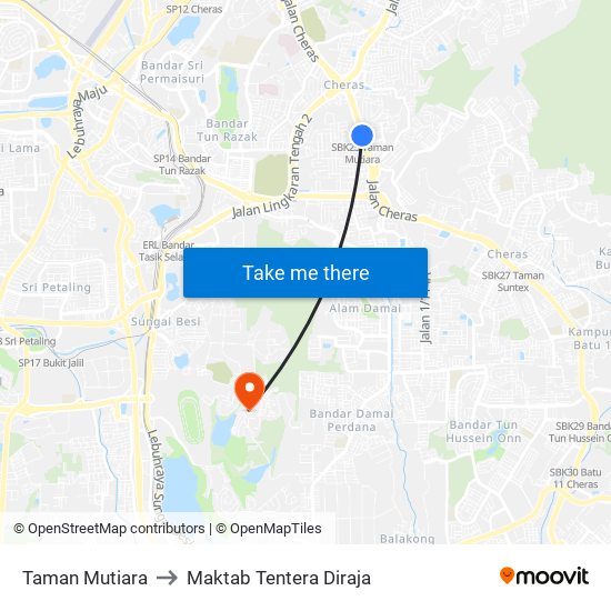 Taman Mutiara to Maktab Tentera Diraja map