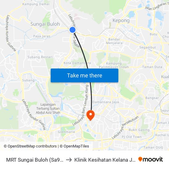 MRT Sungai Buloh (Sa995) to Klinik Kesihatan Kelana Jaya map