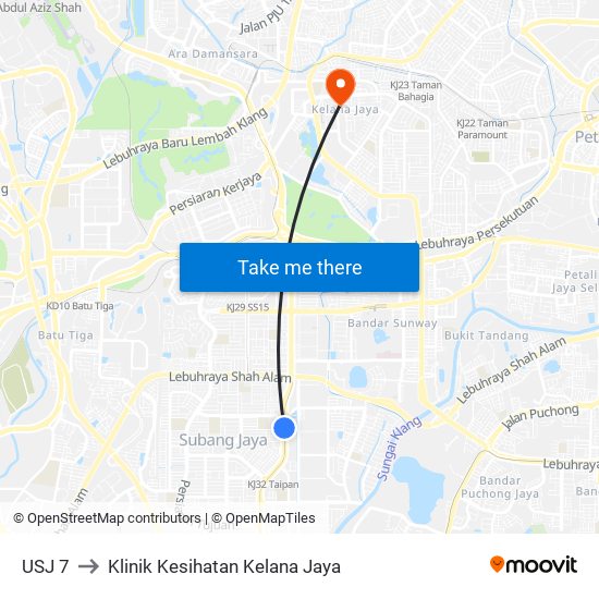 USJ 7 to Klinik Kesihatan Kelana Jaya map