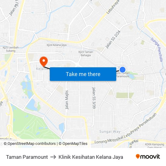 Taman Paramount to Klinik Kesihatan Kelana Jaya map