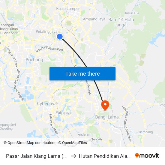 Pasar Jalan Klang Lama (Kl1212) to Hutan Pendidikan Alam UKM map