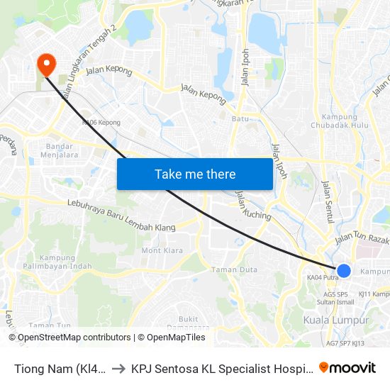 Tiong Nam (Kl42) to KPJ Sentosa KL Specialist Hospital map