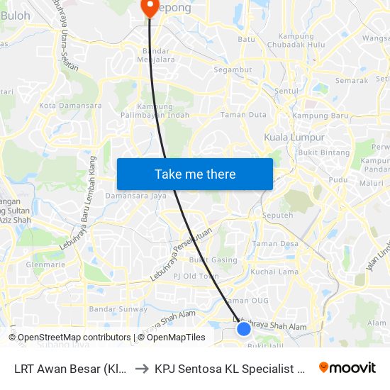 LRT Awan Besar (Kl2324) to KPJ Sentosa KL Specialist Hospital map