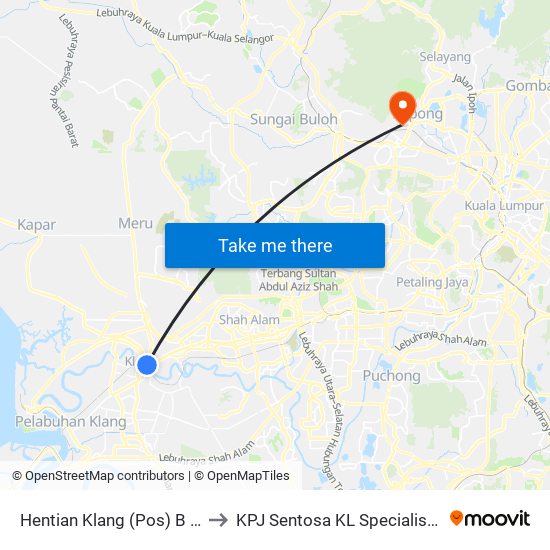 Hentian Klang (Pos) B (Bd664) to KPJ Sentosa KL Specialist Hospital map