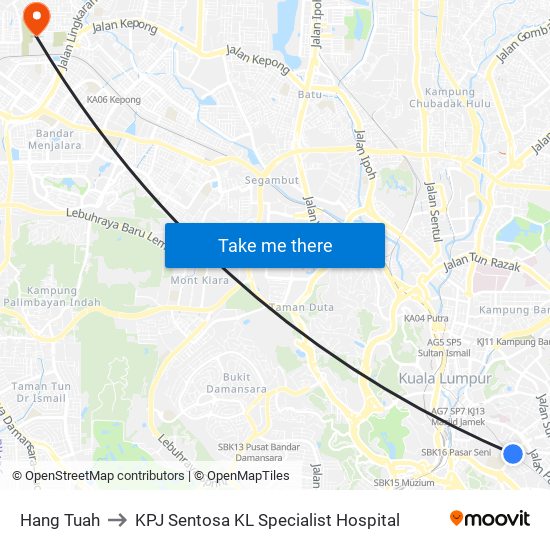 Hang Tuah to KPJ Sentosa KL Specialist Hospital map