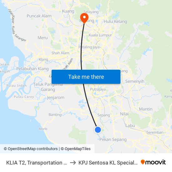 KLIA T2, Transportation Hub Level 1 to KPJ Sentosa KL Specialist Hospital map