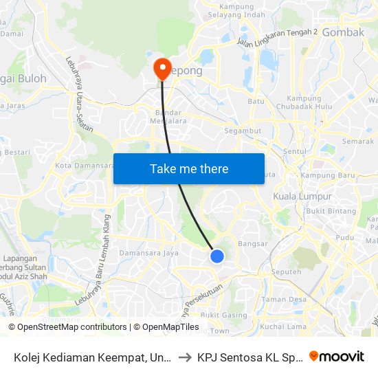 Kolej Kediaman Keempat, Universiti Malaya (Kl2348) to KPJ Sentosa KL Specialist Hospital map