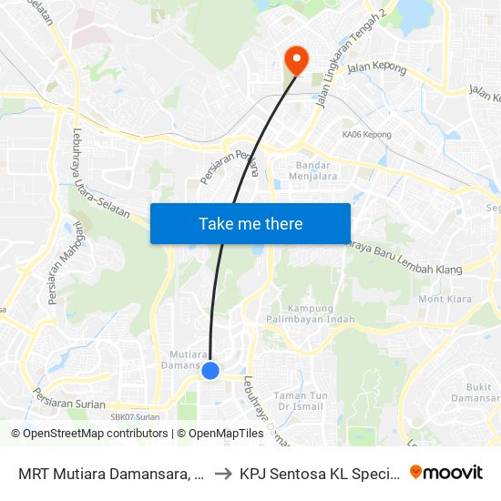 MRT Mutiara Damansara, Pintu C (Pj814) to KPJ Sentosa KL Specialist Hospital map