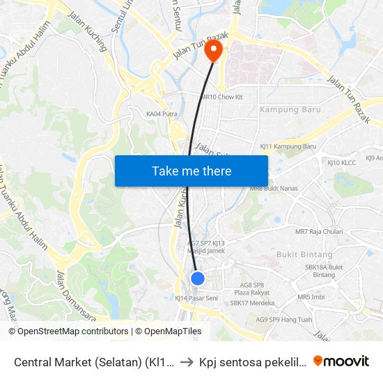 Central Market (Selatan) (Kl109) to Kpj sentosa pekeliling map