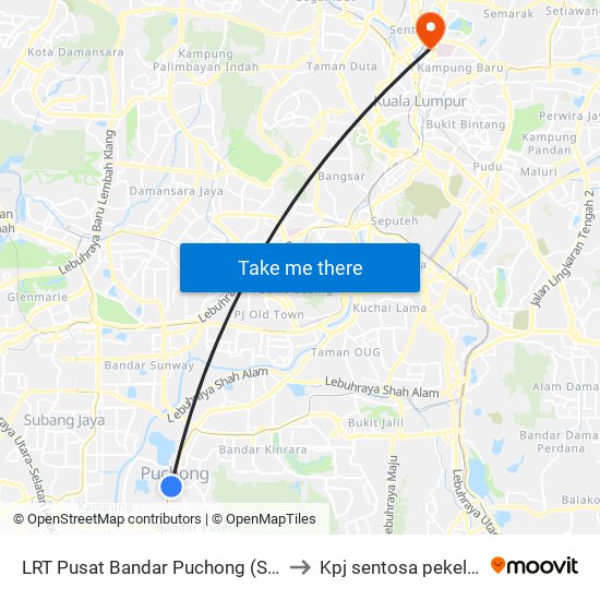 LRT Pusat Bandar Puchong (Sj735) to Kpj sentosa pekeliling map