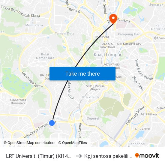 LRT Universiti (Timur) (Kl1440) to Kpj sentosa pekeliling map