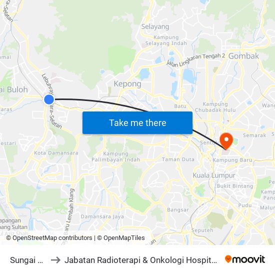Sungai Buloh to Jabatan Radioterapi & Onkologi Hospital Kuala Lumpur map