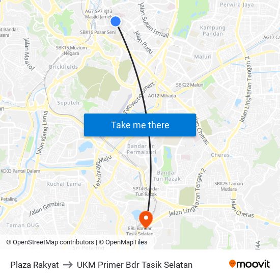 Plaza Rakyat to UKM Primer Bdr Tasik Selatan map