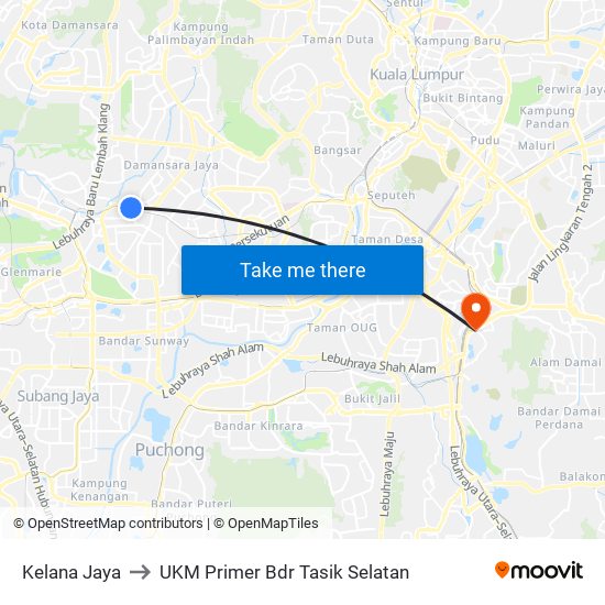 Kelana Jaya to UKM Primer Bdr Tasik Selatan map