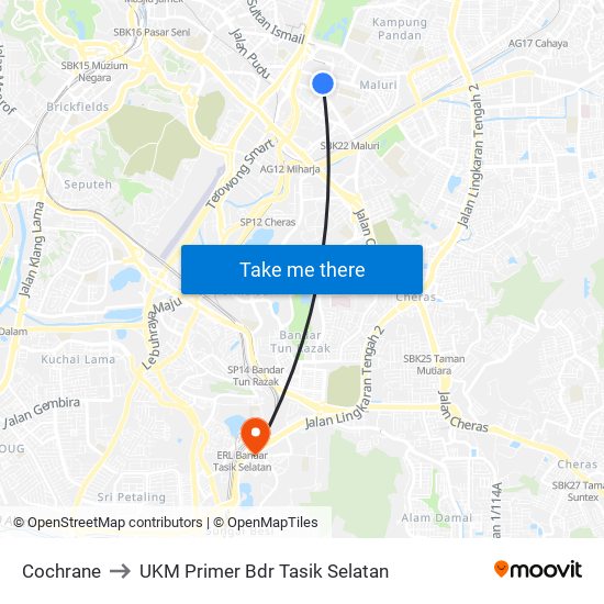 Cochrane to UKM Primer Bdr Tasik Selatan map