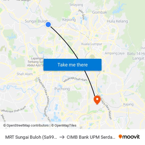 MRT Sungai Buloh (Sa995) to CIMB Bank UPM Serdang map