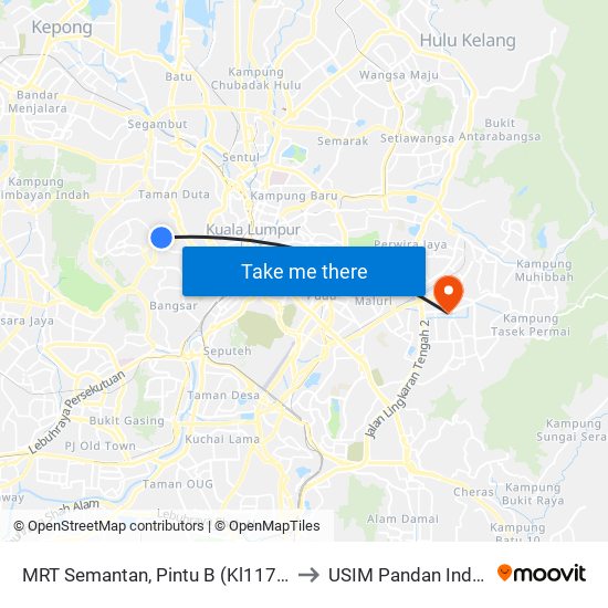 MRT Semantan, Pintu B (Kl1174) to USIM Pandan Indah map