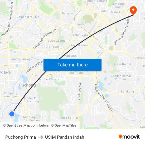 Puchong Prima to USIM Pandan Indah map