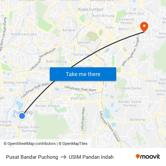 Pusat Bandar Puchong to USIM Pandan Indah map