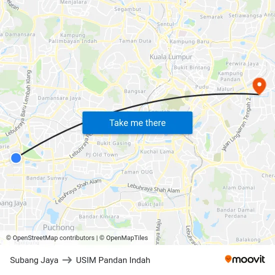 Subang Jaya to USIM Pandan Indah map