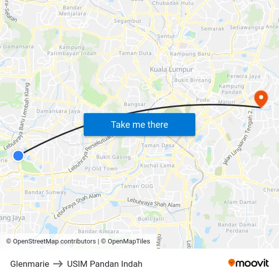 Glenmarie to USIM Pandan Indah map