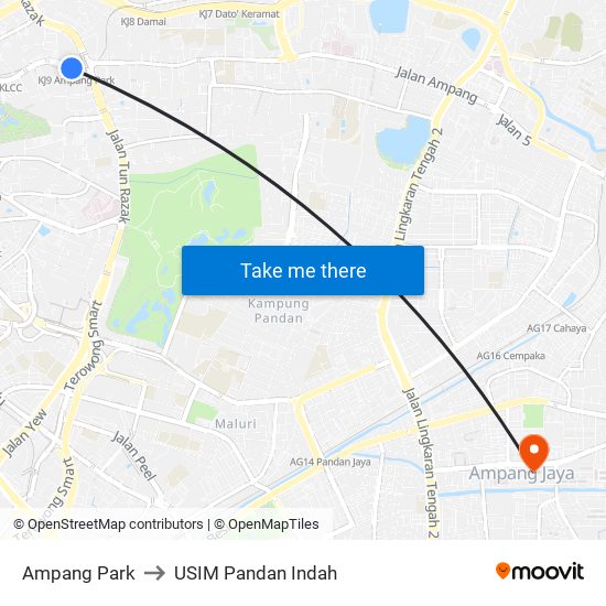 Ampang Park to USIM Pandan Indah map