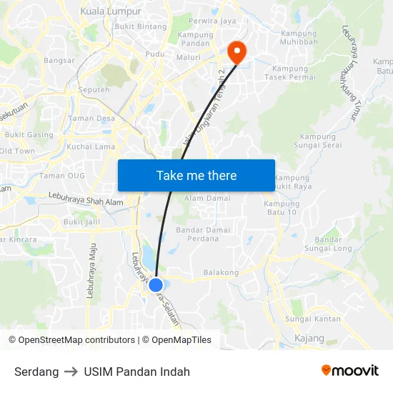 Serdang to USIM Pandan Indah map
