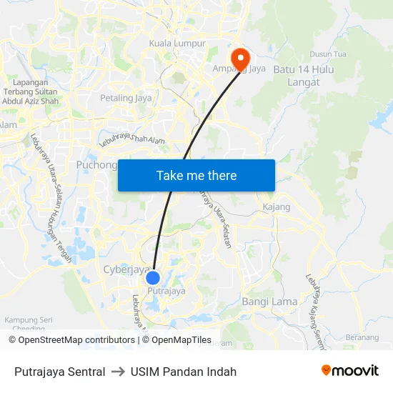 Putrajaya Sentral to USIM Pandan Indah map