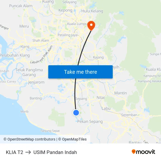 KLIA T2 to USIM Pandan Indah map