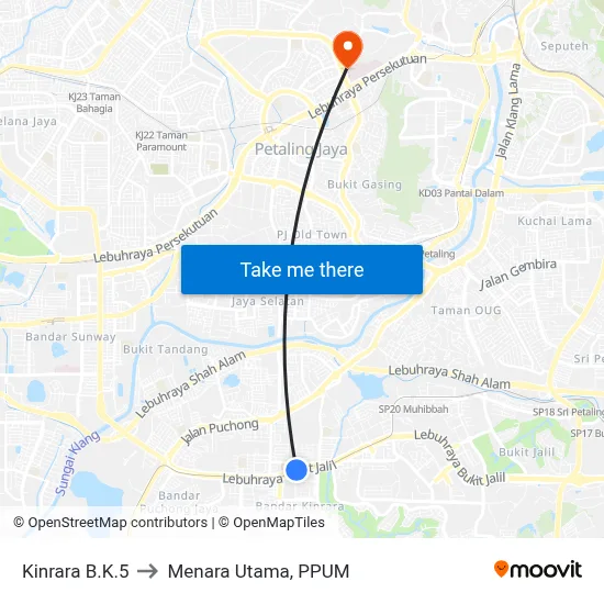 Kinrara B.K.5 to Menara Utama, PPUM map