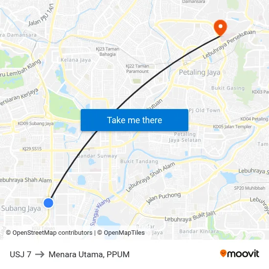 USJ 7 to Menara Utama, PPUM map