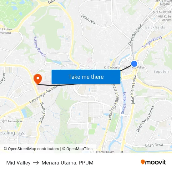 Mid Valley to Menara Utama, PPUM map